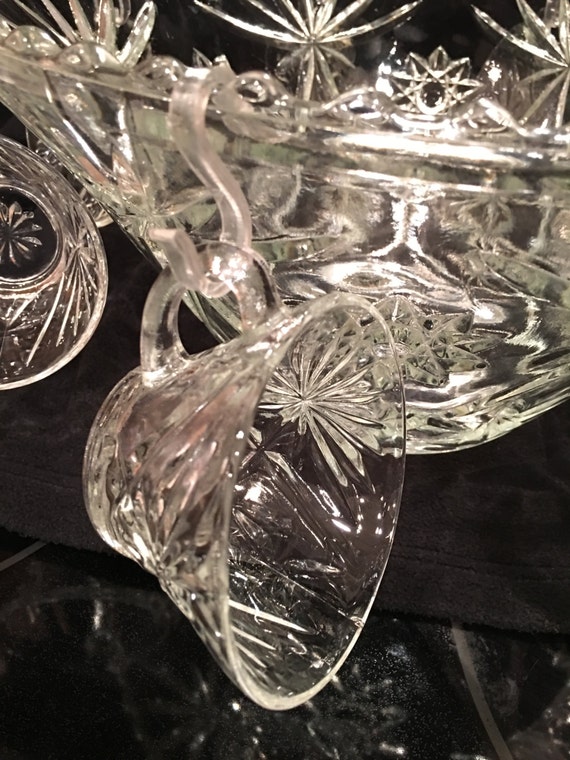 Early American Prescut Anchor Hocking Pedestal Punch Bowl 9 Piece