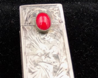 Antique 800 Sterling Silver Lipstick Case/ Holder w/ Spring Mirror-Green  Stone