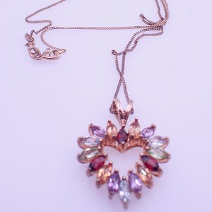 Vintage Sterling Vermeil Heart Pendant Necklace with Several Marquise Gemstones signed