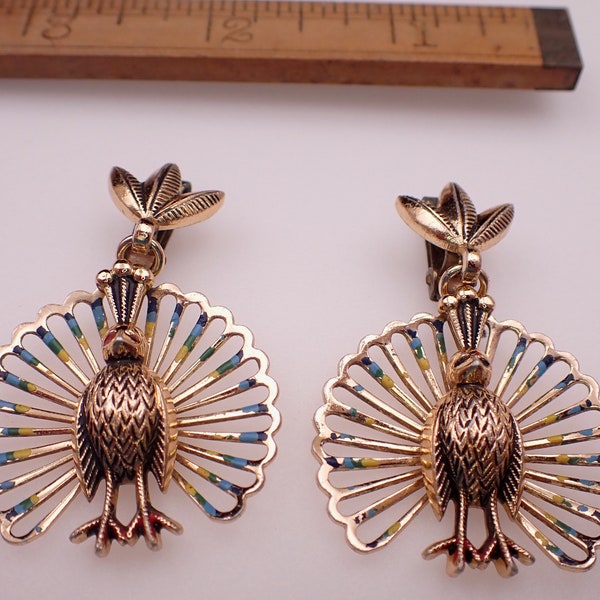 Globus Gold Tone Foreign Enameled Peacock Clip Earrings