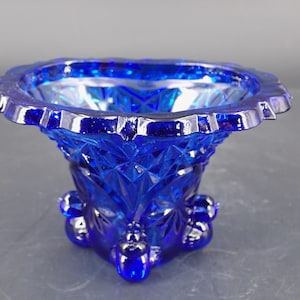 Vintage Cobalt Blue Glass Cone Shaped Small Bowl with Bird Base