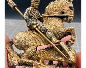 Vintage St George Slaying the Dragon Gold Medallion Brooch - Alva 