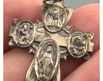Colgante de cruz católica vintage, medalla de cuatro vías, plata esterlina, San Cristóbal, San José, María, Jesús