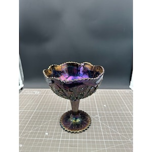 Imperial Iridescent Purple Carnival Glass Compote Bowl signed
