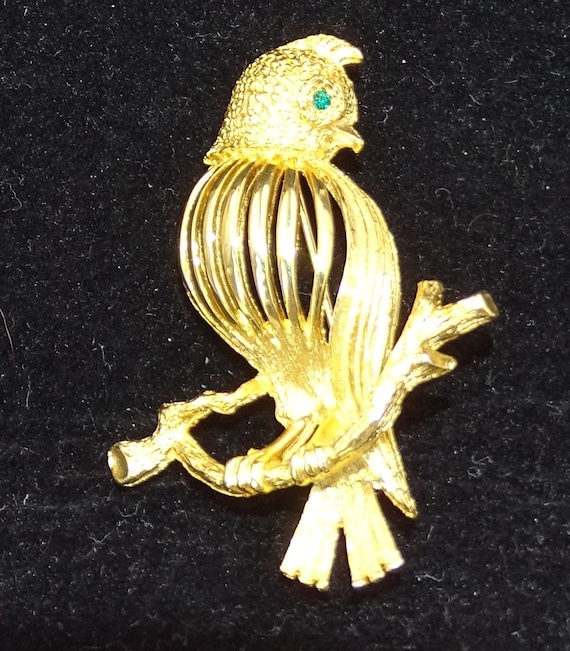 Gold Tone Bird Brooch Open Framework with Green S… - image 2
