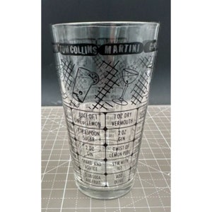 Vaso mezclador de cóctel de vidrio federal moderno de mediados de siglo con impresión negra LEER