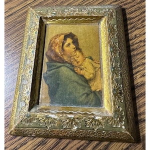 Miniature Madonnia with Child Ferruzzi G B Floence Decoupeage Italy Wood Painted Frame