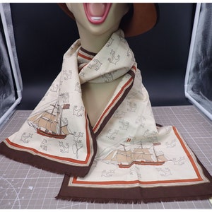 Vintage Tan and Rust Colored Scarf Anchors Ships signed