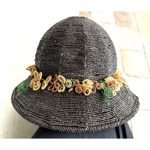 Vintage Root Beer Glass Seed Bead Ladies Sunday Hat Lamp Shade with Floral Bead Trim