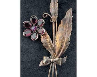 Broche vintage de plata de ley con diseño floral y cristal de amatista, tallo largo de 10 cm (4 pulgadas), 19,2 gramos.