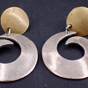 Mixed Metal Sterling and Brass Laton Swirl Designer Dangle Earrings
