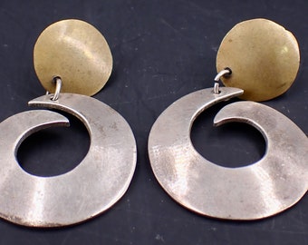 Mixed Metal Sterling and Brass Laton Swirl Designer Dangle Earrings