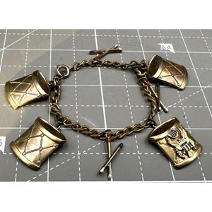 Vintage Patriotic Gold Tone Charm Bracelet Drums Drum Sticks Enameled American Eagle