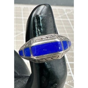 Egyptian Motif Sterling Lapis Ring Hand Carved Designs Inlaid Stones 6 1/4&quot; Pinky