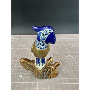 Mexican Tonala Pottery & Brass Cockatiel Figure Standing on Branch