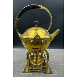 Vintage Manning Tilting Brass Alcohol Heated Tea Pot Wood Brass Stand