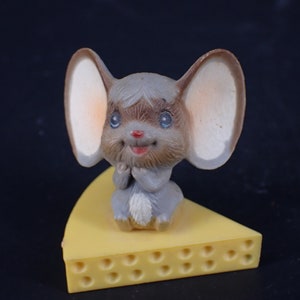 Vintage Miniature Figure Shy Gray Plastic Mouse Big Ears Sitting on Slice of Swiss Cheese signed