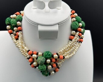 Kenneth Jay Lane KJL 6 Strand Asian Style Faux Pearl Jade Onyx