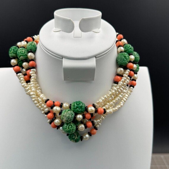Kenneth Jay Lane KJL 6 Strand Asian Style Faux Pearl Jade Onyx