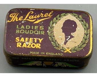 Vintage Tin Laurel Ladies Boudoir Safety Razor Set England Case Razor Insert