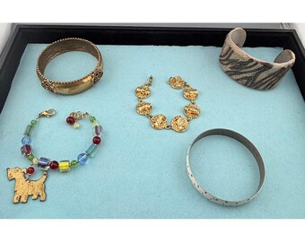 GEEKNURSESTREASURES - Etsy India Vintage Bracelet Lot Artisan Boho Cuffs Beaded Scottie Dog Gold Tone main image 0