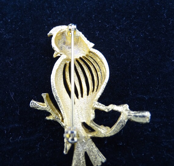 Gold Tone Bird Brooch Open Framework with Green S… - image 3