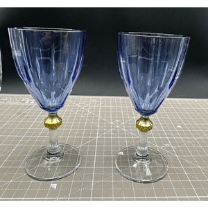 Mid Century Champagne/Wine Glasses Scalloped Blue Clear Teardrop Mark