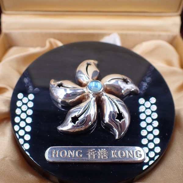 Sterling Bauhinia Flower with Blue Topaz Gem on Obsidian Base Paperweight