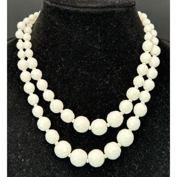 Vintage Hobe Necklace Faceted Graduated Milk Glass Double Strand Beaded 18"