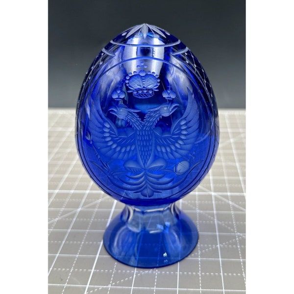 Vintage Cobalt Blue Cut to Clear Fabergé Crystal Egg with Imperial Eagle Motif No Monogram