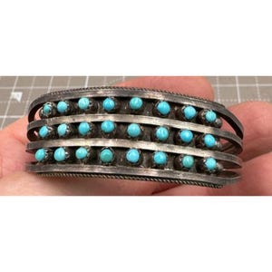 Unsigned Zuni Triple Row Sterling Silver Turquoise Child Cuff Bracelet