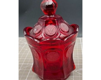 Vintage MCM Depression Glass Fostoria Ruby Red Coin Candy Dish with Lid