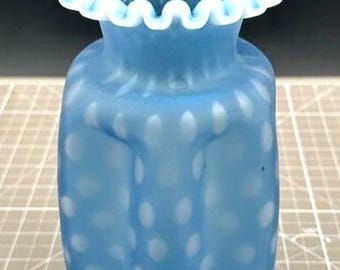 Fenton Satin Blue Optic Bubble Vase Crimped Iridescent Edge