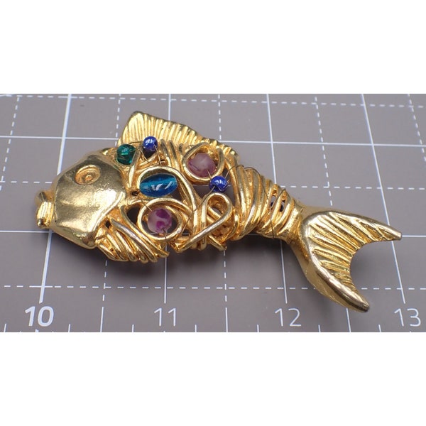 Cara Stimmel Gold Tone Large Koy Fish Brooch with Multicolored Beads