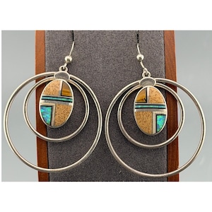 Vintage Navajo Earrings Randy Boyd Sterling Silver Opal Channel Inlay Hoop 1.5"