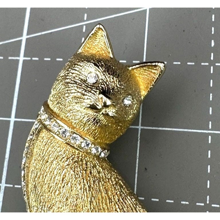 Vintage Christian Dior Gold Plated Siamese Cat Brooch With Clear