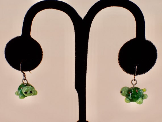 Vintage Green Glass Turtle Wire Earrings - image 1