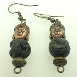 Buddha Copper and Lava Bead Dangle Earrings