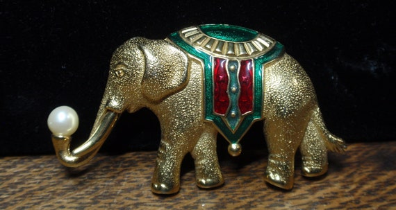 Monet Enamel Elephant Brooch - image 1