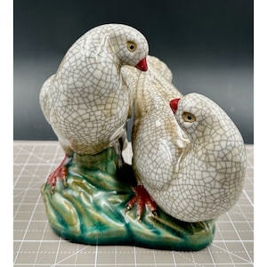 Antique Chinese  Figure Crackle Porcelain Doves on Green Ground Base