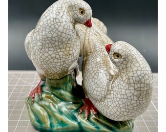 Antique Chinese  Figure Crackle Porcelain Doves on Green Ground Base