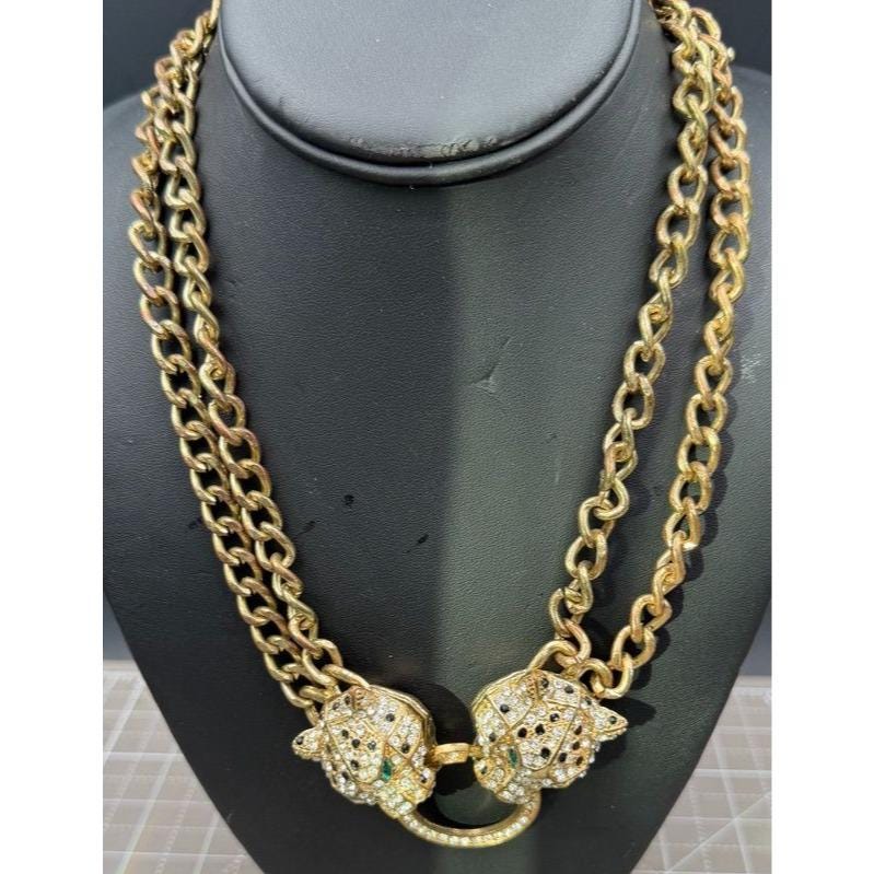 Vintage Gold Tone Panther Head Necklace Rhinestone Pave Double