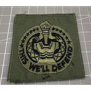 May include: A green embroidered patch with a black and gold design. The design features a torch, a globe, and a snake wrapped around it. The text "This We'll Defend" is written around the design.