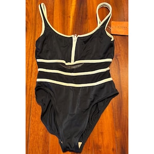 Vintage Sirena Concepts Womens Swimsuit BlackWhite One-Piece Mesh Detail Front Zipper  Size 14 with tags