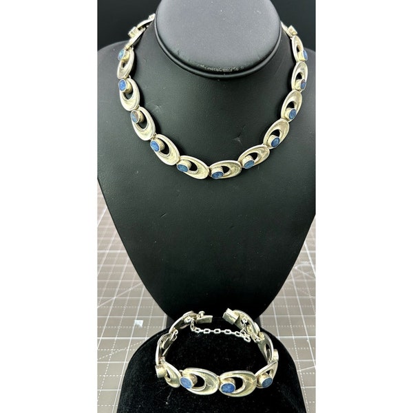 Miguel Melendez of Taxco Sterling and Blue Turquoise Necklace Bracelet Demi Parure