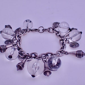 Disco Age Silver Metal Charm and Clear Lucite 7&quot; Bracelet