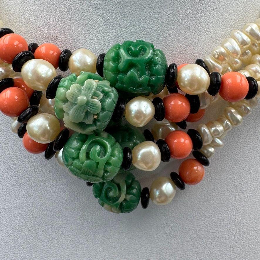 Kenneth Jay Lane KJL 6 Strand Asian Style Faux Pearl Jade Onyx