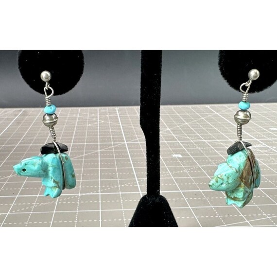 Zuni Turquoise and Sterling Silver Bear Dangle Ea… - image 1