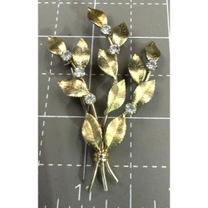 Krementz Gold Tone Leaf Bouquet with Clear Rhinestones Brooch