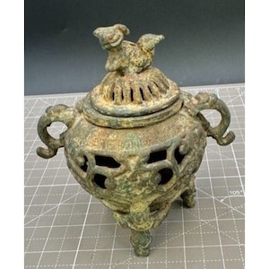 Vintage Asian Cast Iron Foo Dog Lidded Incense Burner Signed